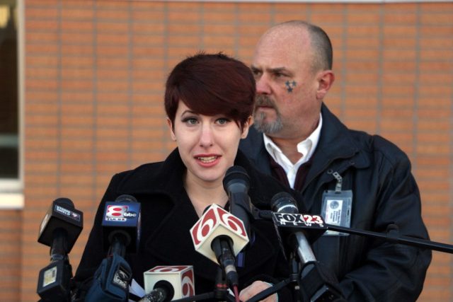 Betty Shelby's daughter Amber speaks to the media on Tuesday, Nov. 29, 2016, about how she believes the media inaccurately portrayed her mother. Amber did not give her last name. DYLAN GOFORTH/The Frontier